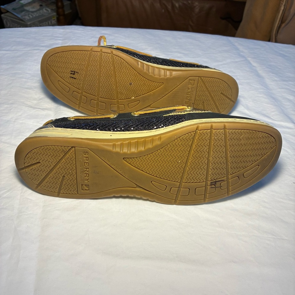 Sperry Women's Size 9 Black& Gold Angelfish Glitter Boat Topsiders Shoes Slip On - Picture 9 of 9